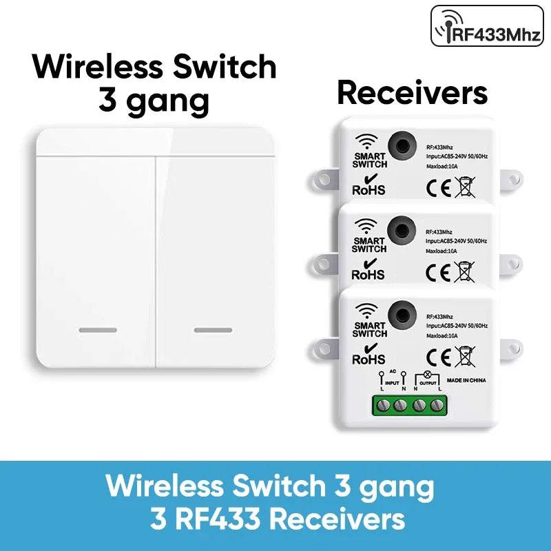 TNCE Wireless Light Switch RF433 Relay Receiver, 433Mhz Mini Remote Control, 1/2/3Gang Wall Transmitter Interruptor,Led Lamp Fan