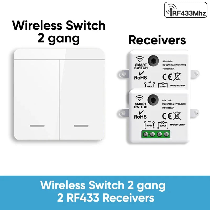 TNCE Wireless Light Switch RF433 Relay Receiver, 433Mhz Mini Remote Control, 1/2/3Gang Wall Transmitter Interruptor,Led Lamp Fan